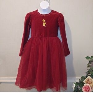 Disney Red Vintage Style Velour Winnie the Pooh Embroidered Tulle Dress Sz 7/8